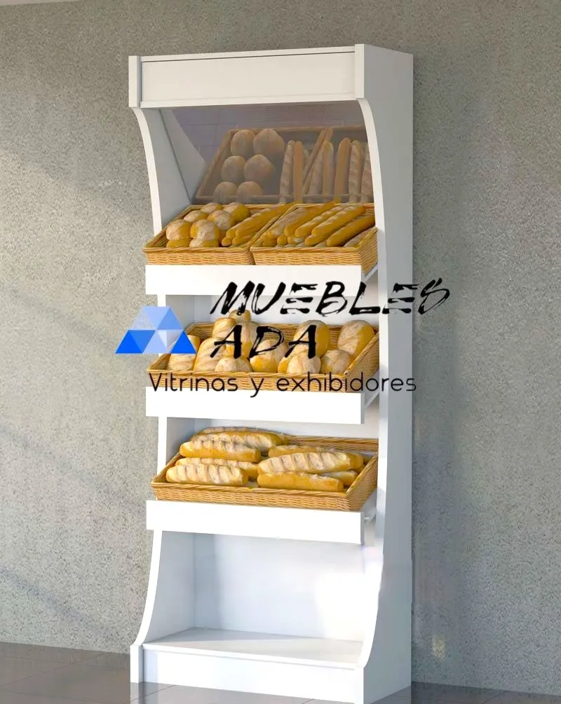 Exhibidor premium de panadería en blanco con vitrina